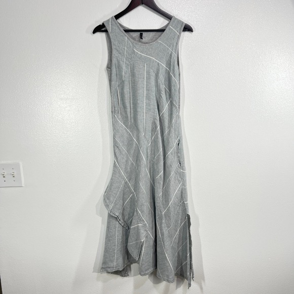 CINZIA Made in Italy Gray Linen Cotton Blend Asymmetrical Midi Dress Size M - Picture 2 of 12